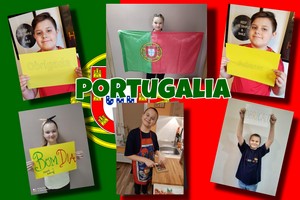 Sześć zdjęć uczniów z elementami narodowymi portugalii.