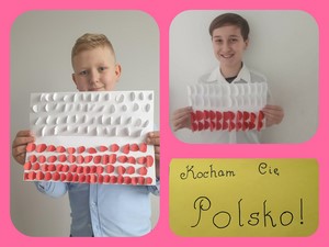 Kolaż zdjęć uczniów z ich pracami plastycznymi - flagą Polski.