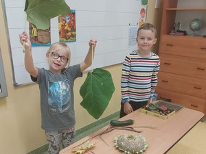 Dzieci z klasy 1b stoją przed stołem, na którym są wyłożone liście, ogórek, słonecznik.